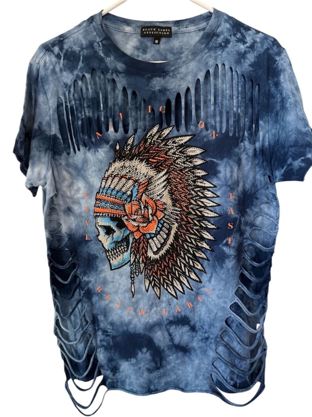 Affliction Black Label Skull Headdress Distressed Tie Dye Graphic Tee Med